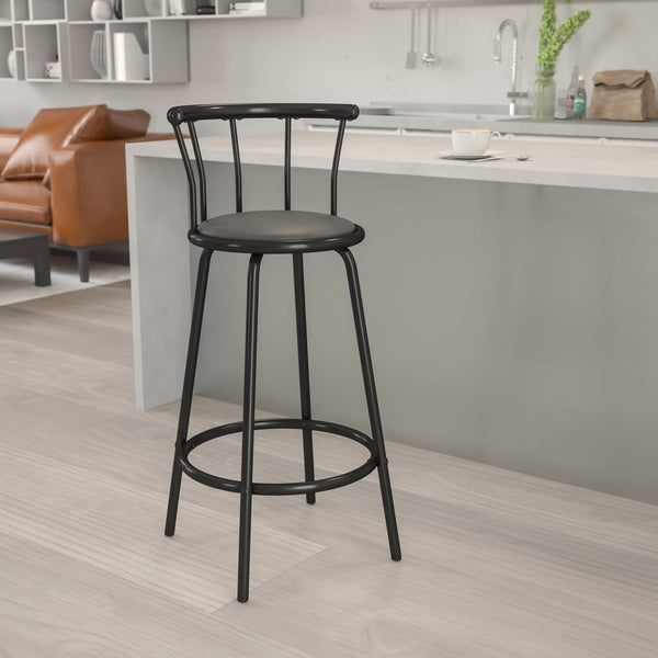 Crown Back Black Metal Barstool with Black Vinyl Swivel Seat and Footrest