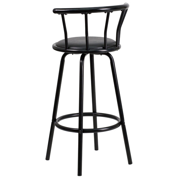 Crown Back Black Metal Barstool with Black Vinyl Swivel Seat and Footrest