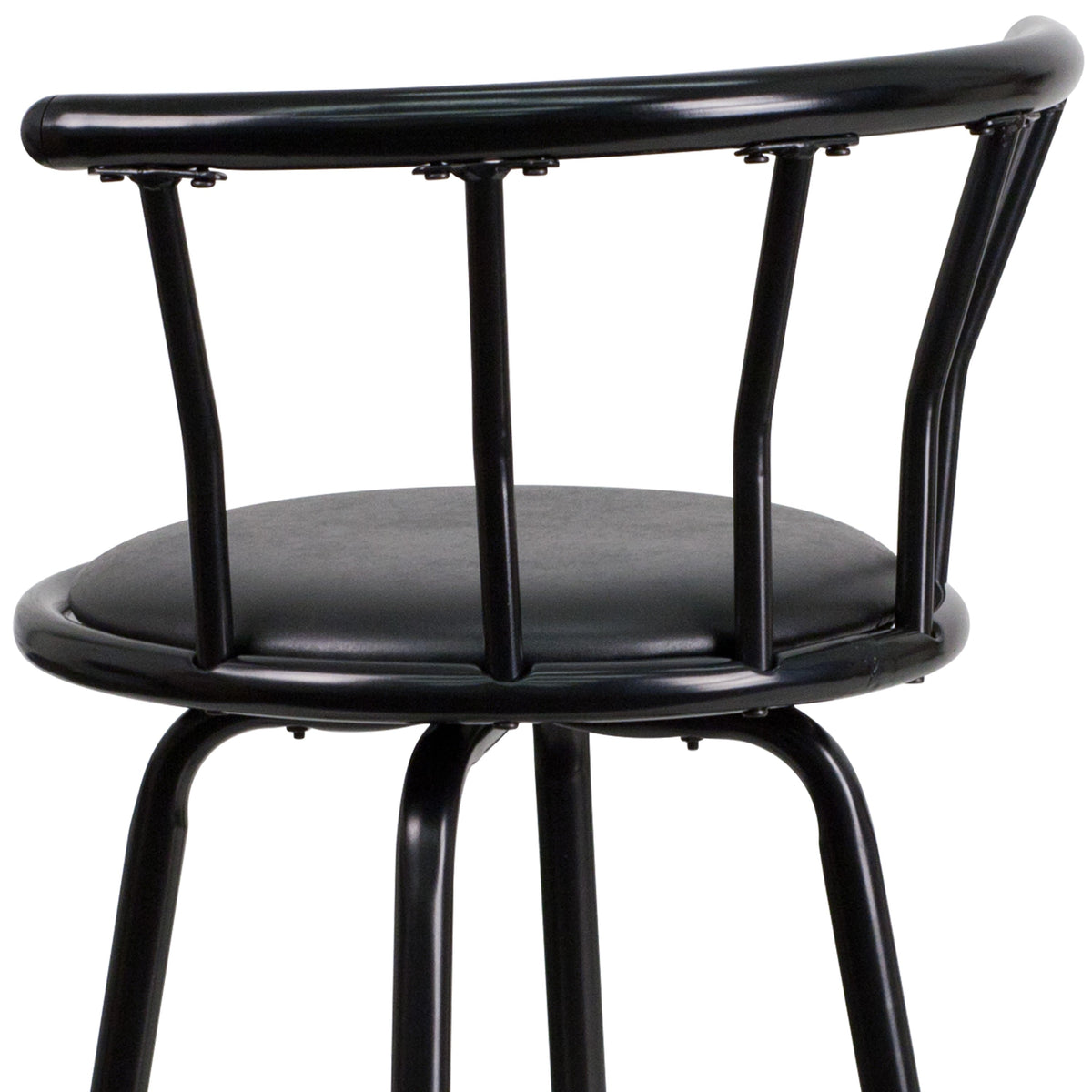 Crown Back Black Metal Barstool with Black Vinyl Swivel Seat and Footrest