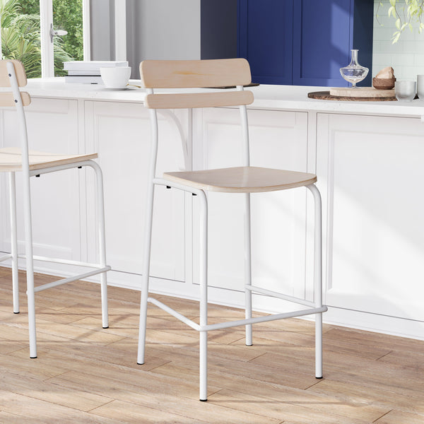 Antique White |#| Commercial Solid Wood Bar Stool with White Frame and Antique White Finish