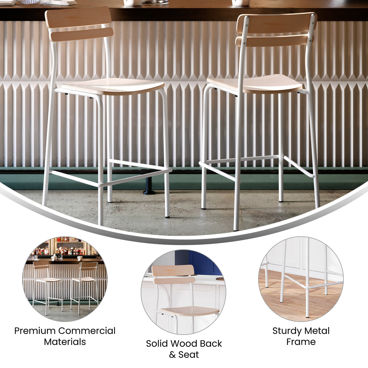 Antique White |#| Commercial Solid Wood Bar Stool with White Frame and Antique White Finish
