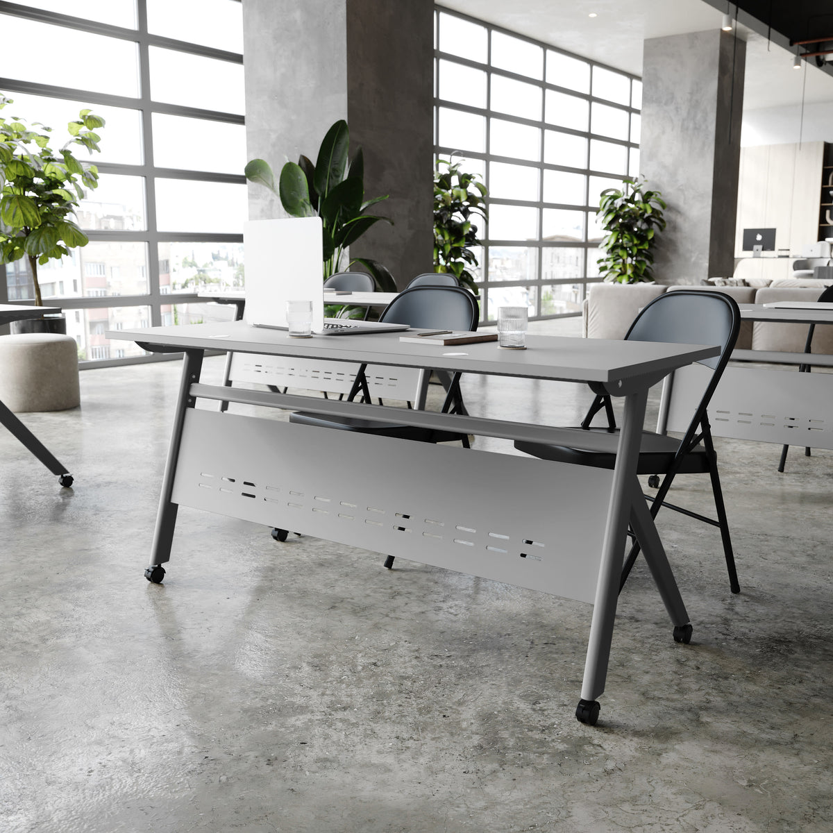 Gray Top/Gray Frame |#| Commercial Nesting Flip Training Table with Steel Frame and Y-Legs in Gray