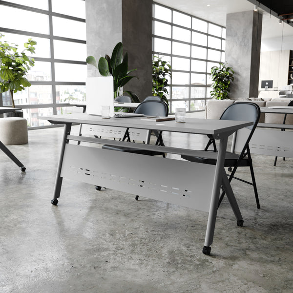 Gray Top/Gray Frame |#| Commercial Nesting Flip Training Table with Steel Frame and Y-Legs in Gray