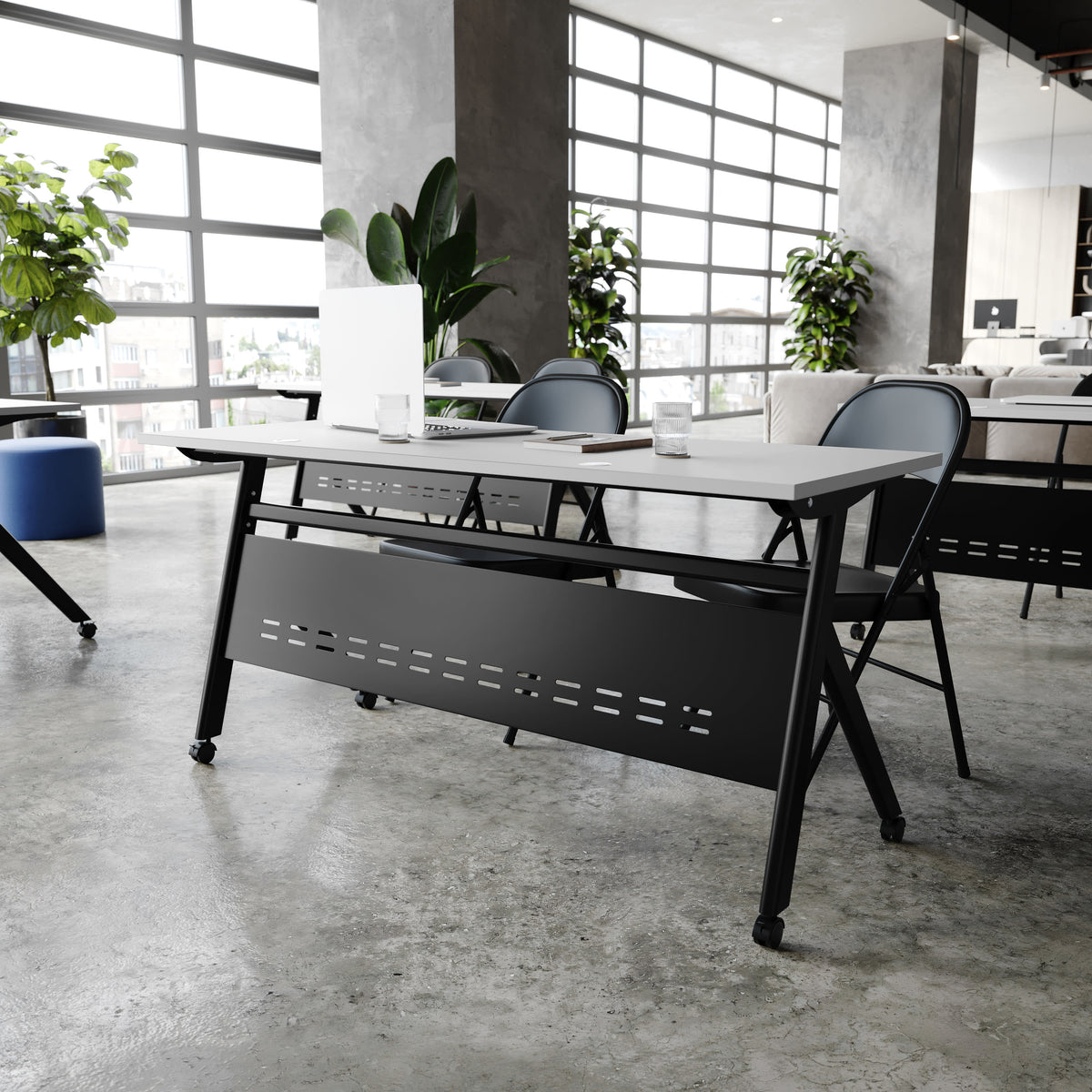 Gray Top/Black Frame |#| Commercial Nesting Flip Training Table with Steel Frame and Y-Legs in Gray/Black