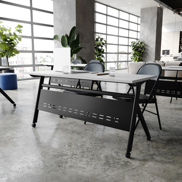 Gray Top/Black Frame |#| Commercial Nesting Flip Training Table with Steel Frame and Y-Legs in Gray/Black