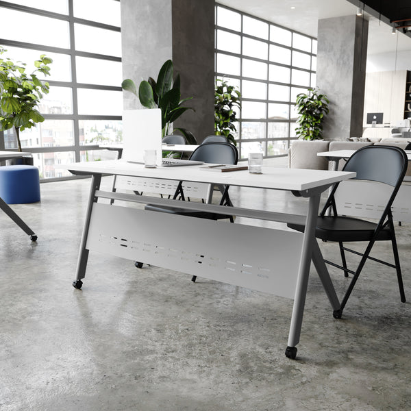 White Top/Gray Frame |#| Commercial Nesting Flip Training Table with Steel Frame and Y-Legs in White/Gray