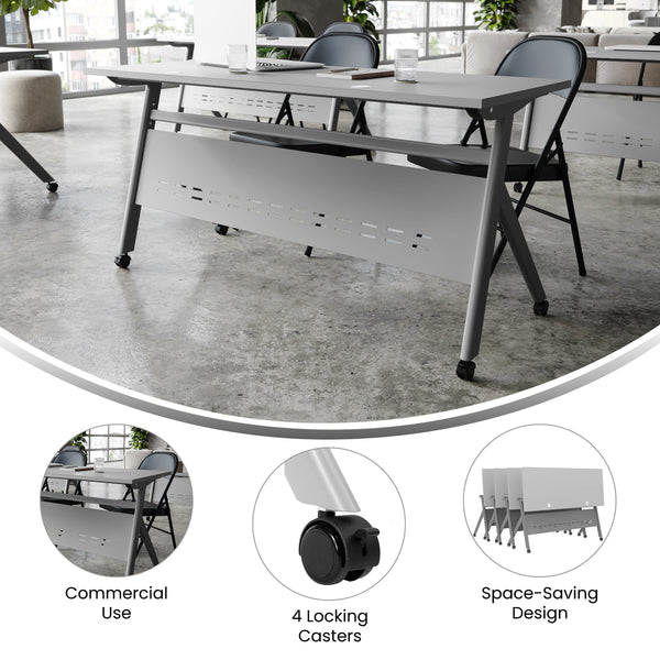 Gray Top/Gray Frame |#| Commercial Nesting Flip Training Table with Steel Frame and Y-Legs in Gray