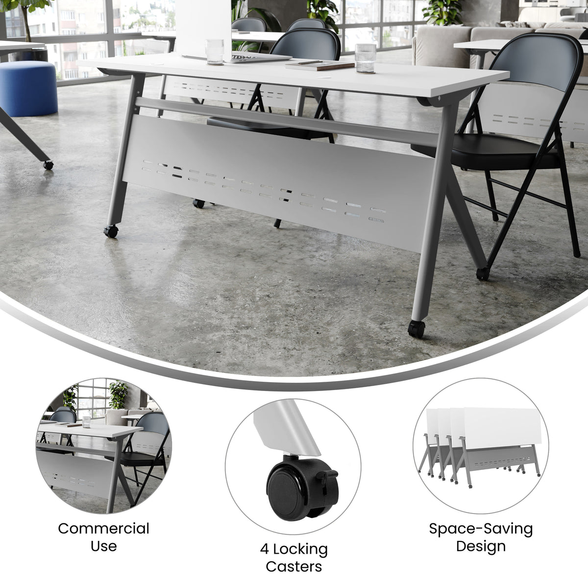 White Top/Gray Frame |#| Commercial Nesting Flip Training Table with Steel Frame and Y-Legs in White/Gray