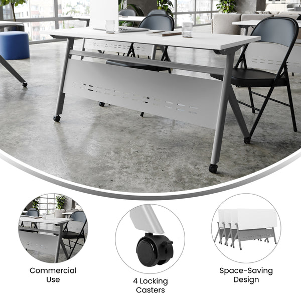 White Top/Gray Frame |#| Commercial Nesting Flip Training Table with Steel Frame and Y-Legs in White/Gray