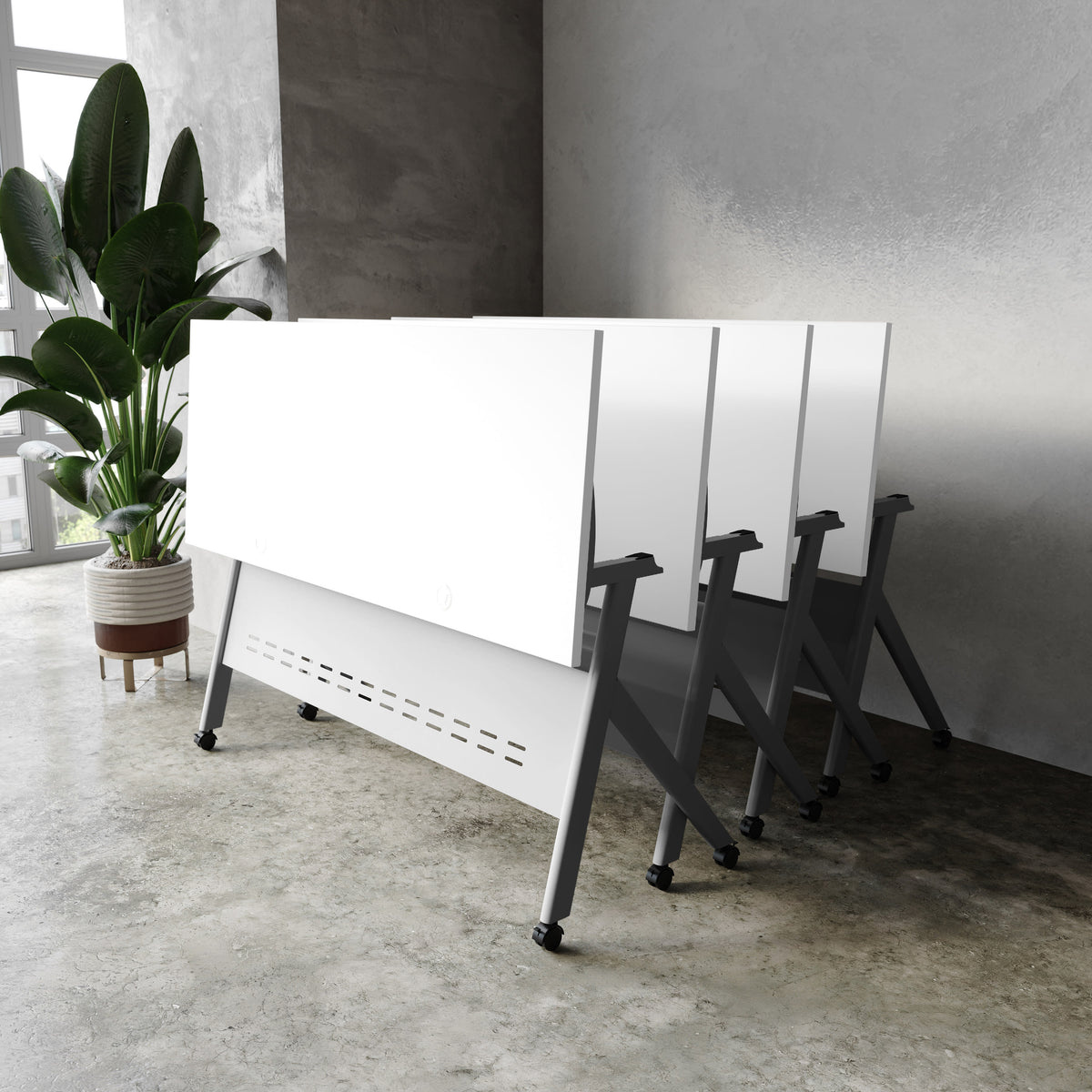 White Top/Gray Frame |#| Commercial Nesting Flip Training Table with Steel Frame and Y-Legs in White/Gray