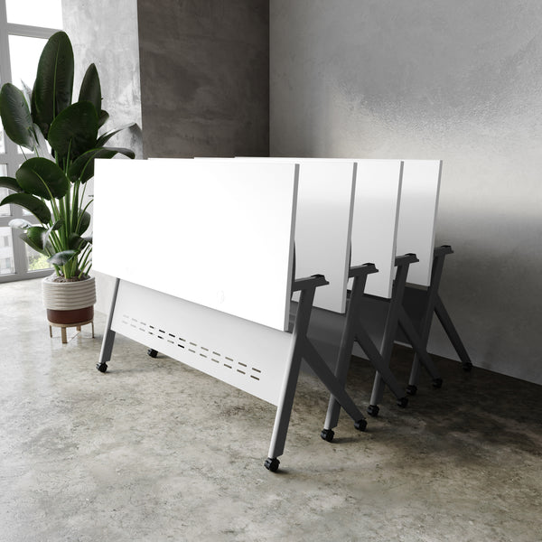 White Top/Gray Frame |#| Commercial Nesting Flip Training Table with Steel Frame and Y-Legs in White/Gray