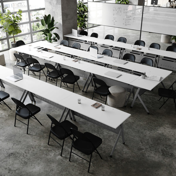 White Top/Gray Frame |#| Commercial Nesting Flip Training Table with Steel Frame and Y-Legs in White/Gray