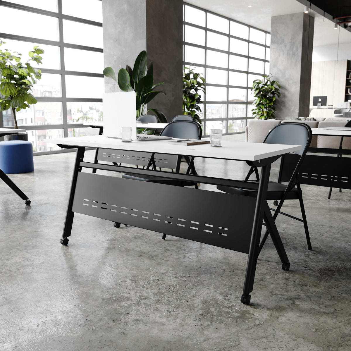 White Top/Black Frame |#| Commercial Nesting Flip Training Table with Steel Frame and Y-Legs in White/Blk