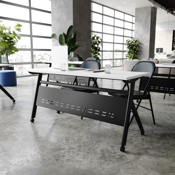 White Top/Black Frame |#| Commercial Nesting Flip Training Table with Steel Frame and Y-Legs in White/Blk