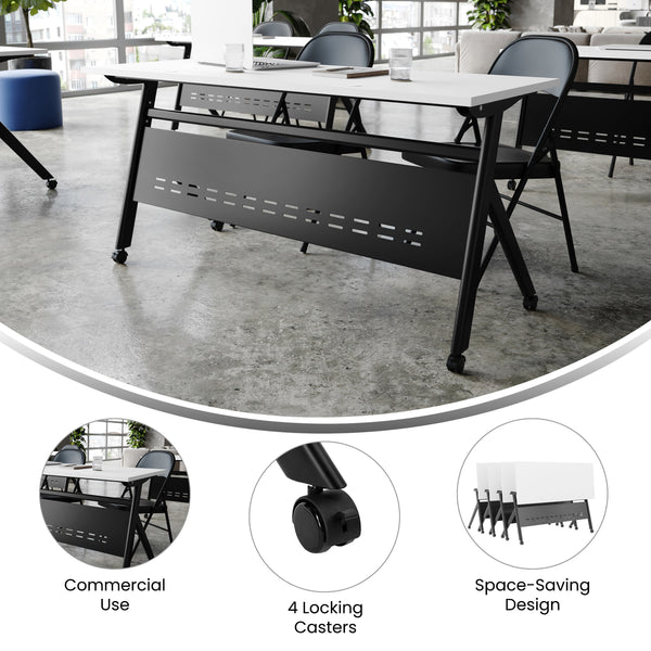White Top/Black Frame |#| Commercial Nesting Flip Training Table with Steel Frame and Y-Legs in White/Blk