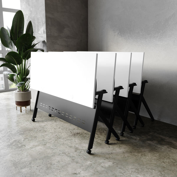 White Top/Black Frame |#| Commercial Nesting Flip Training Table with Steel Frame and Y-Legs in White/Blk