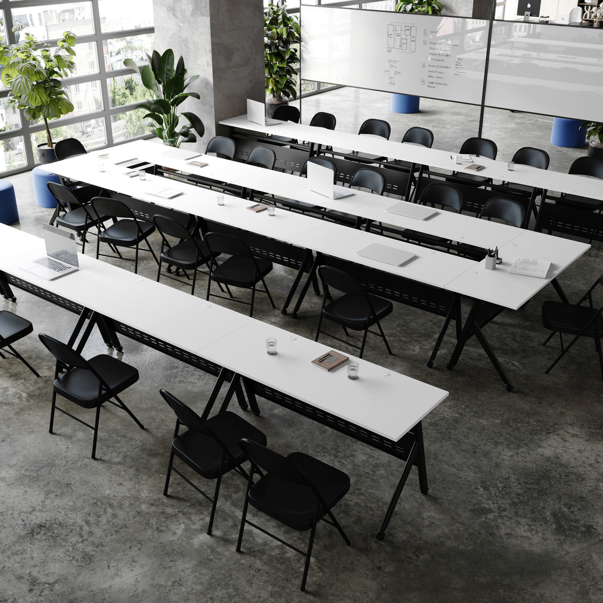 White Top/Black Frame |#| Commercial Nesting Flip Training Table with Steel Frame and Y-Legs in White/Blk