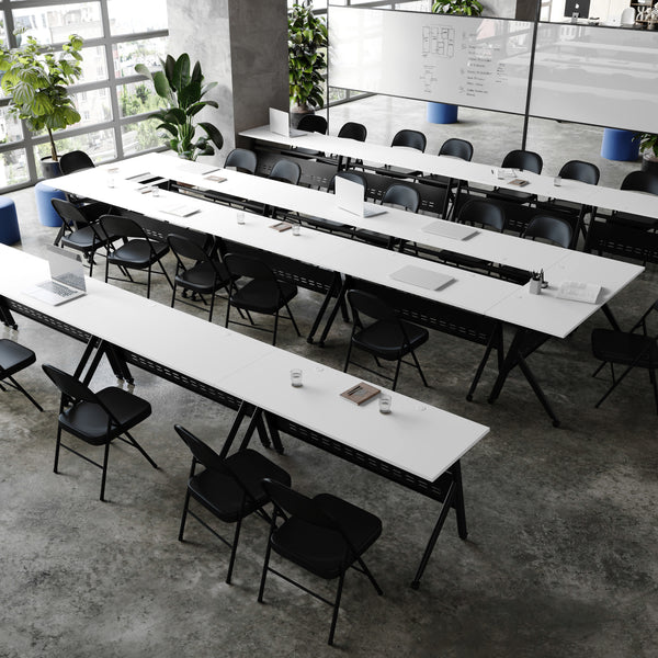 White Top/Black Frame |#| Commercial Nesting Flip Training Table with Steel Frame and Y-Legs in White/Blk