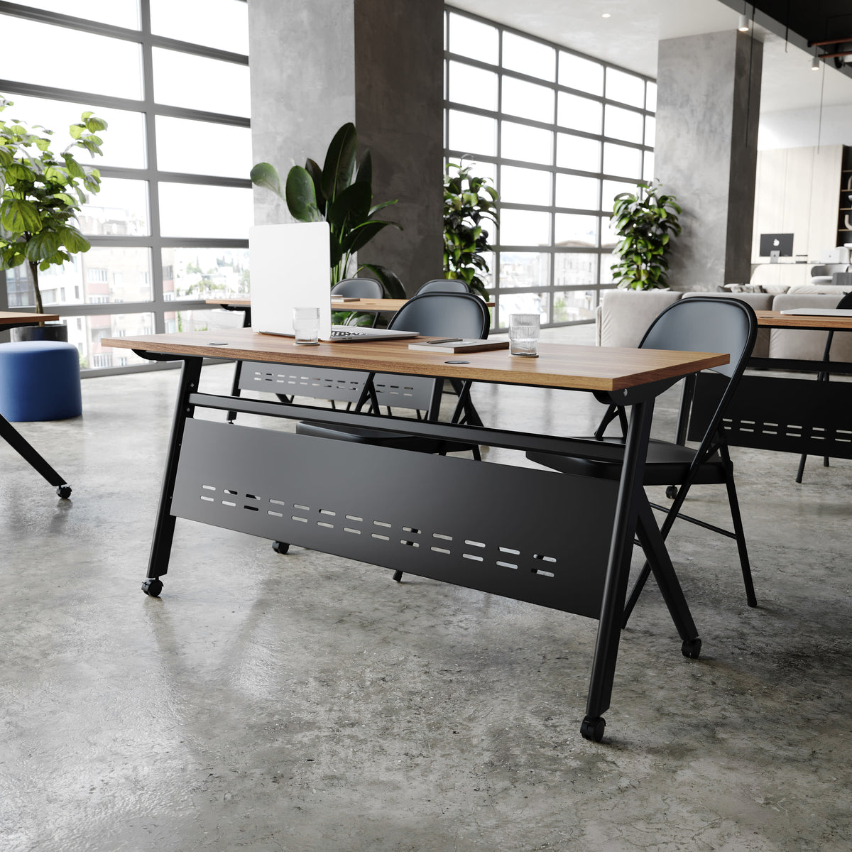 Walnut Top/Black Frame |#| Commercial Nesting Flip Training Table with Steel Frame and Y-Legs in Walnut/Blk