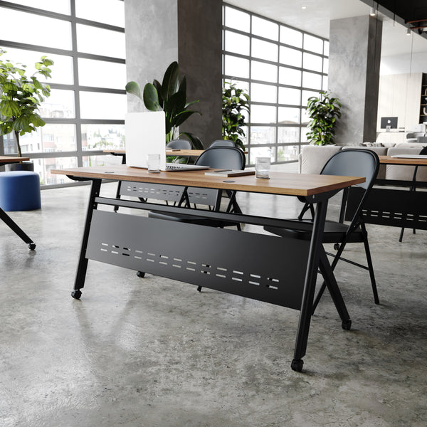 Walnut Top/Black Frame |#| Commercial Nesting Flip Training Table with Steel Frame and Y-Legs in Walnut/Blk