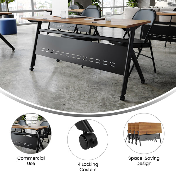 Walnut Top/Black Frame |#| Commercial Nesting Flip Training Table with Steel Frame and Y-Legs in Walnut/Blk