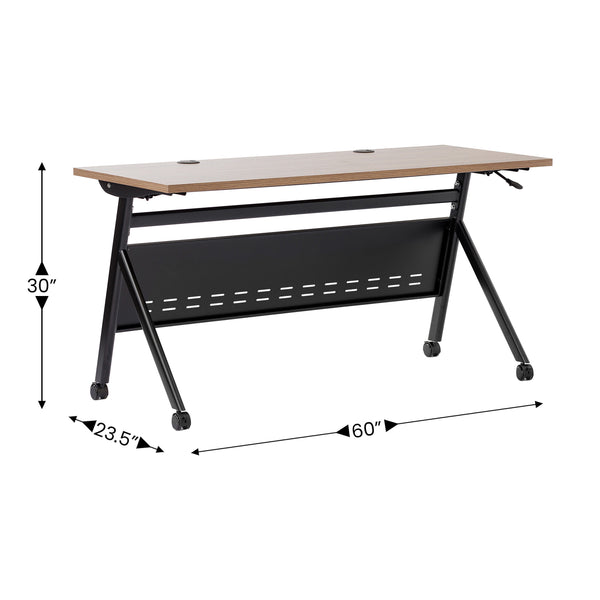 Walnut Top/Black Frame |#| Commercial Nesting Flip Training Table with Steel Frame and Y-Legs in Walnut/Blk