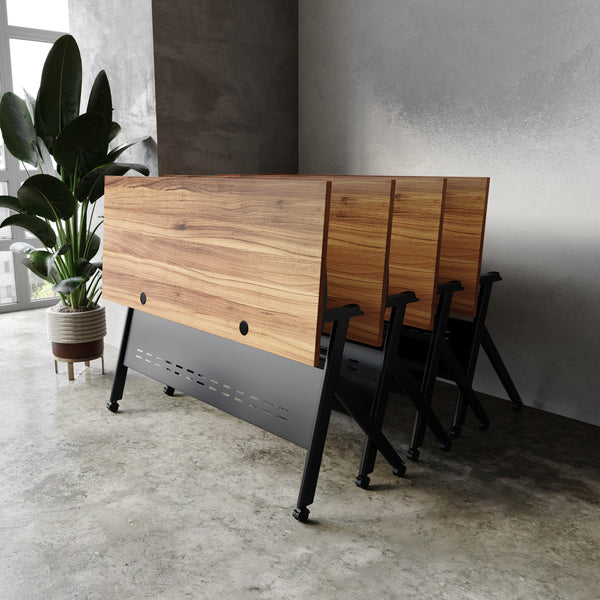 Walnut Top/Black Frame |#| Commercial Nesting Flip Training Table with Steel Frame and Y-Legs in Walnut/Blk