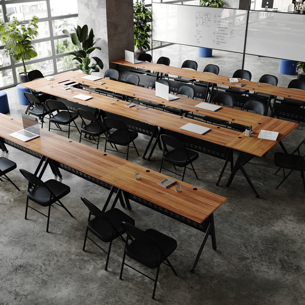 Walnut Top/Black Frame |#| Commercial Nesting Flip Training Table with Steel Frame and Y-Legs in Walnut/Blk
