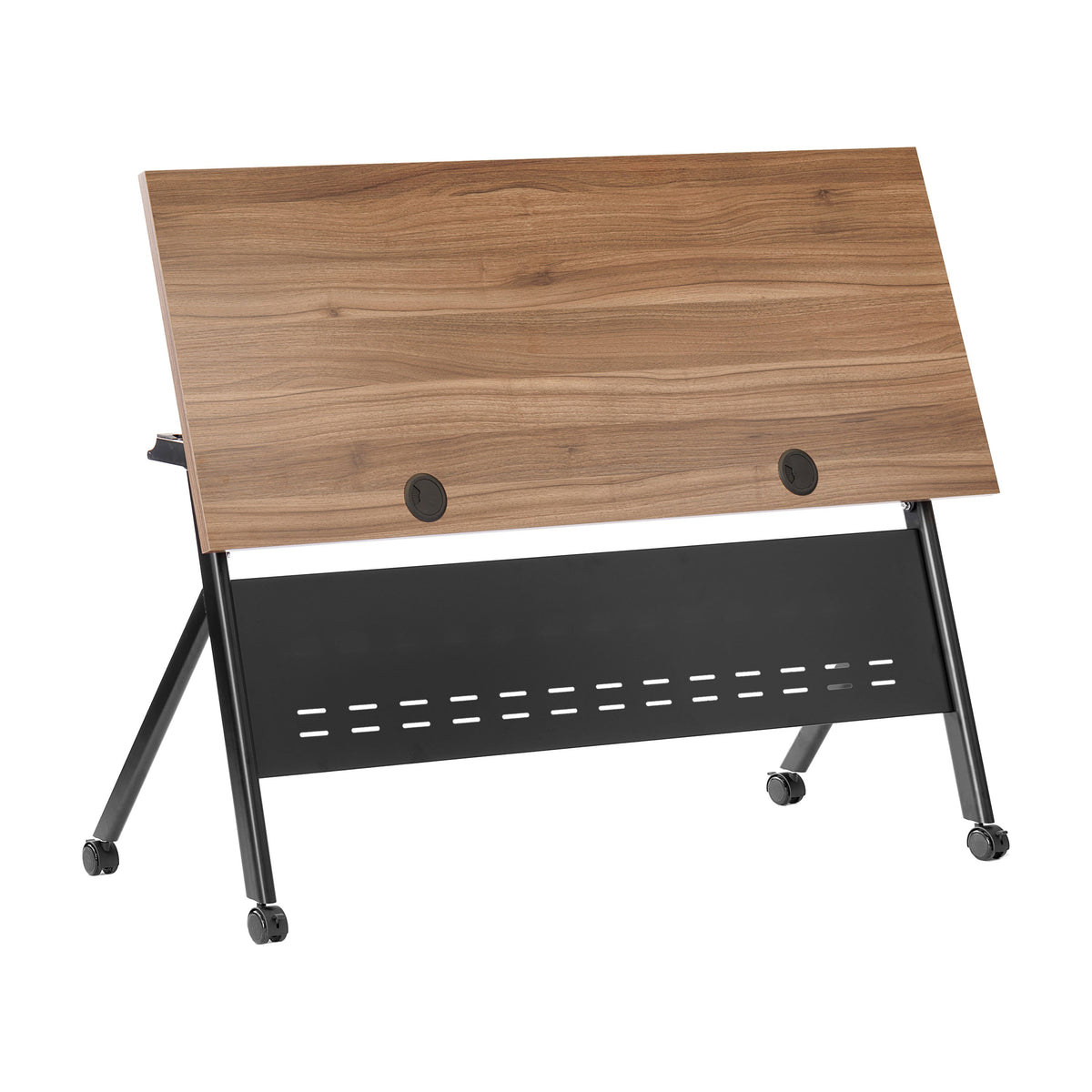 Walnut Top/Black Frame |#| Commercial Nesting Flip Training Table with Steel Frame and Y-Legs in Walnut/Blk