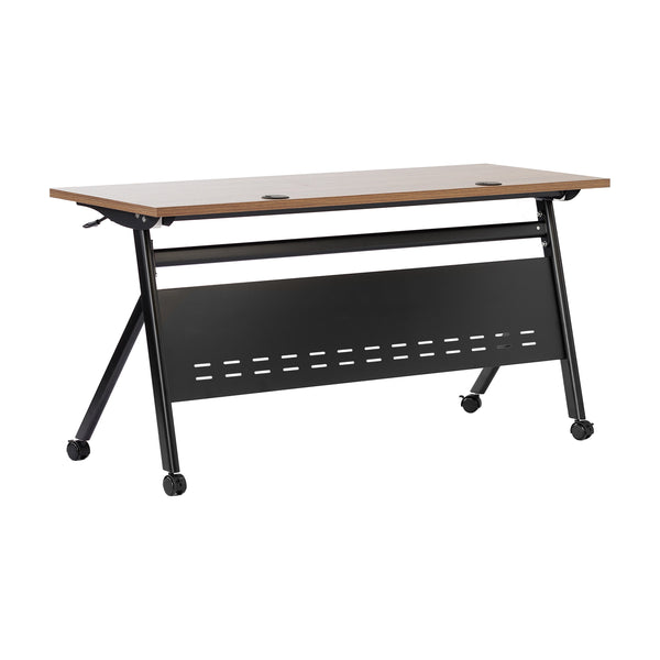 Walnut Top/Black Frame |#| Commercial Nesting Flip Training Table with Steel Frame and Y-Legs in Walnut/Blk