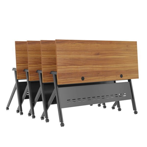 Walnut Top/Black Frame |#| Commercial Nesting Flip Training Table with Steel Frame and Y-Legs in Walnut/Blk