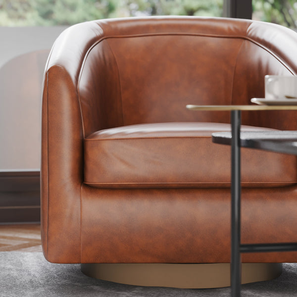 Brown LeatherSoft |#| Traditional Club Style Chair with 360° Swivel Metal Base in Brown LeatherSoft