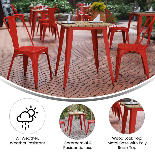 Brown/Red |#| 23.75inch SQ Commercial Poly Resin Restaurant Table with Steel Frame-Brown/Red