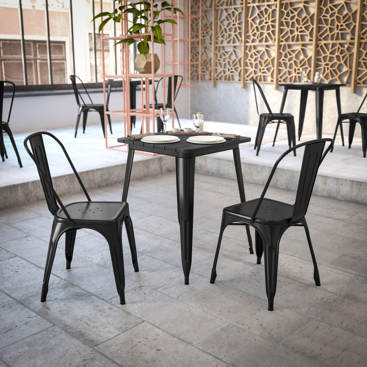 Black |#| 23.75inch SQ Commercial Poly Resin Restaurant Table with Steel Frame-Black/Black
