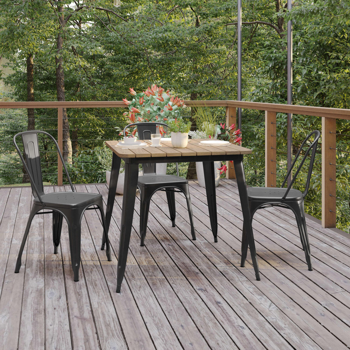 Brown/Black |#| 31.5inch SQ Commercial Poly Resin Restaurant Table with Steel Frame-Brown/Black