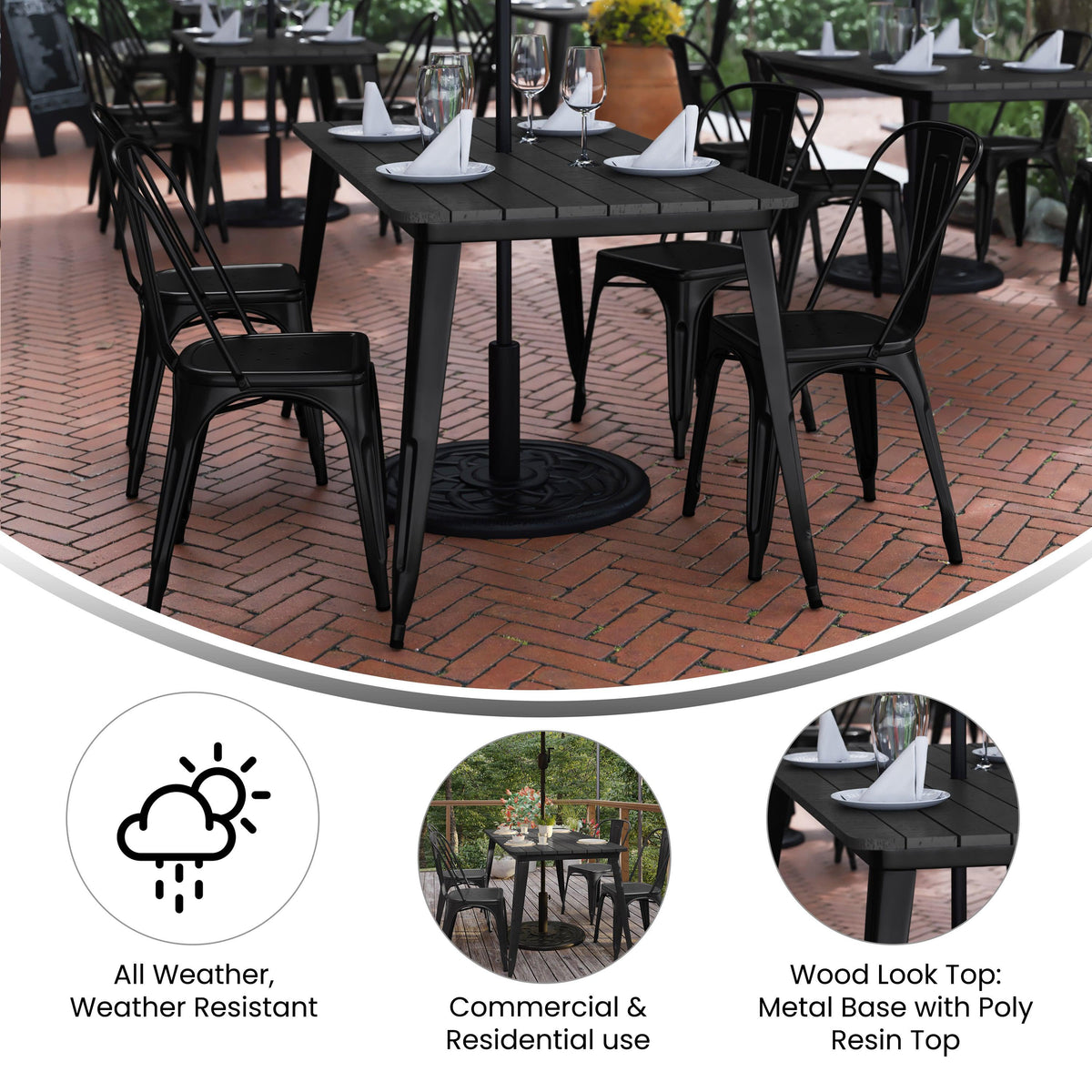 Black |#| 30x60 Commercial Poly Resin Restaurant Table with Umbrella Hole - Black/Black