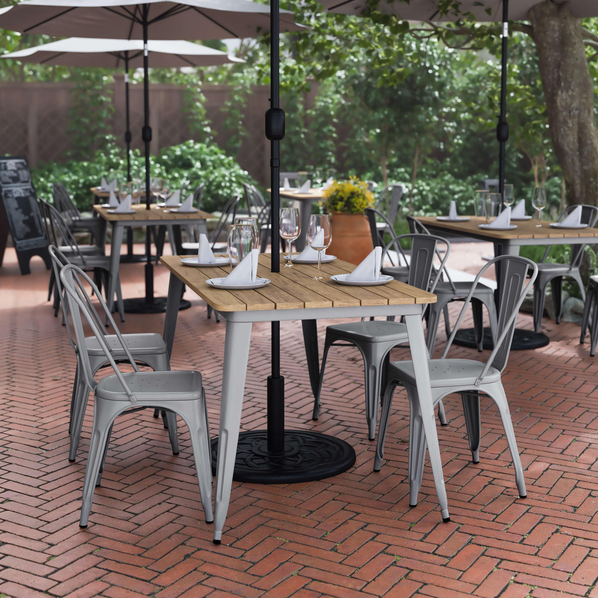 Brown/Silver |#| 30x60 Commercial Poly Resin Restaurant Table with Umbrella Hole - Brown/Silver