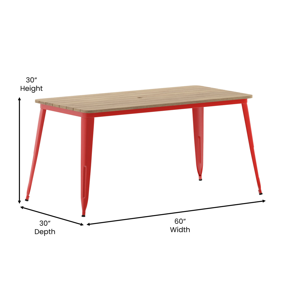 Brown/Red |#| 30x60 Commercial Poly Resin Restaurant Table with Umbrella Hole - Brown/Red