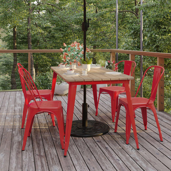 30 patio table with umbrella hole Lark 5 Piece Outdoor Dining Set - Synthetic Teak Poly Slats - 30" x 48" Steel Framed Table Resistant Cast Aluminum Phi Villa Wicker Outdoor Dining
