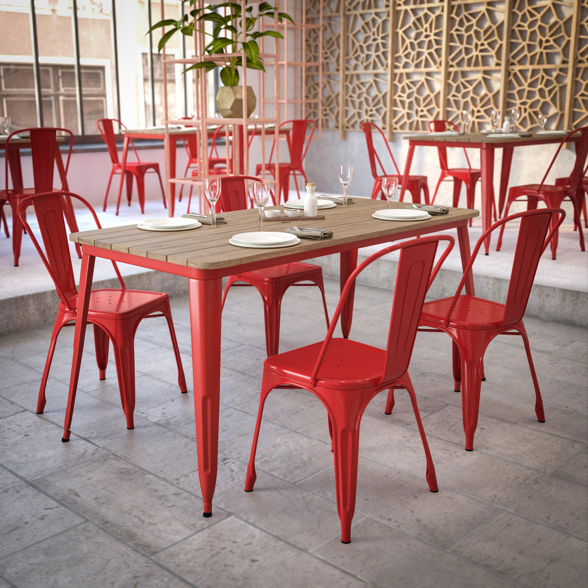 Brown/Red |#| 30x60 Commercial Poly Resin Restaurant Table with Umbrella Hole - Brown/Red