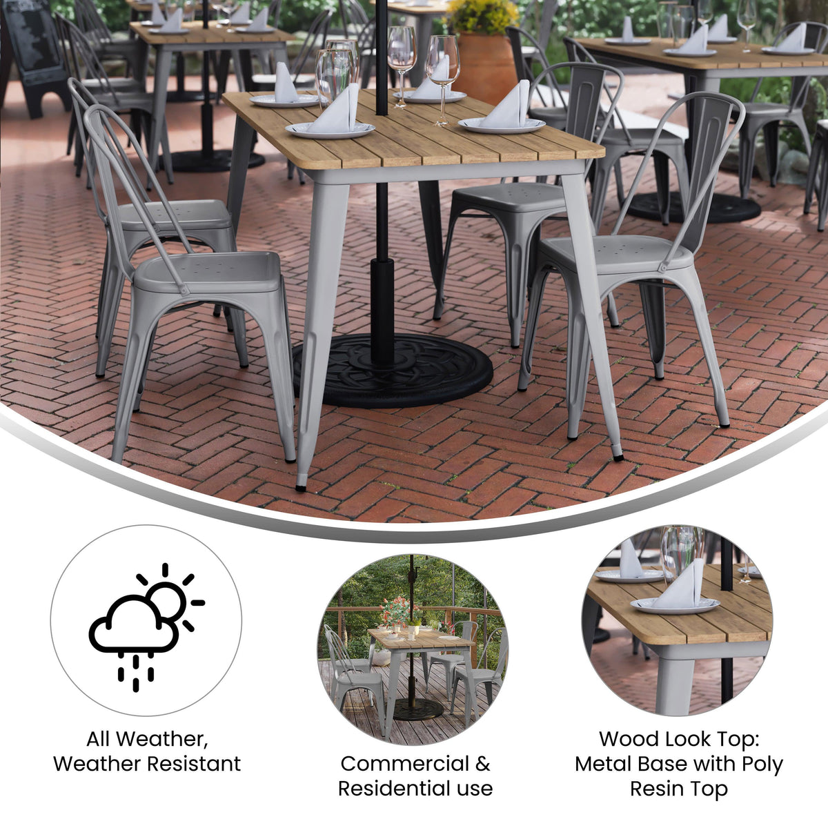 Brown/Silver |#| 30x60 Commercial Poly Resin Restaurant Table with Umbrella Hole - Brown/Silver