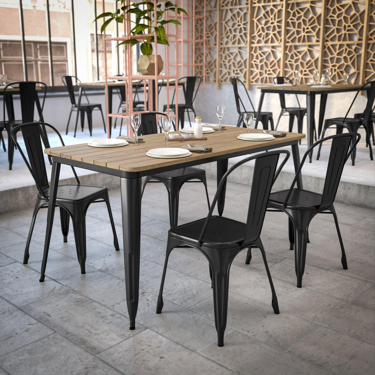 Brown/Black |#| 30x60 Commercial Poly Resin Restaurant Table with Umbrella Hole - Brown/Black