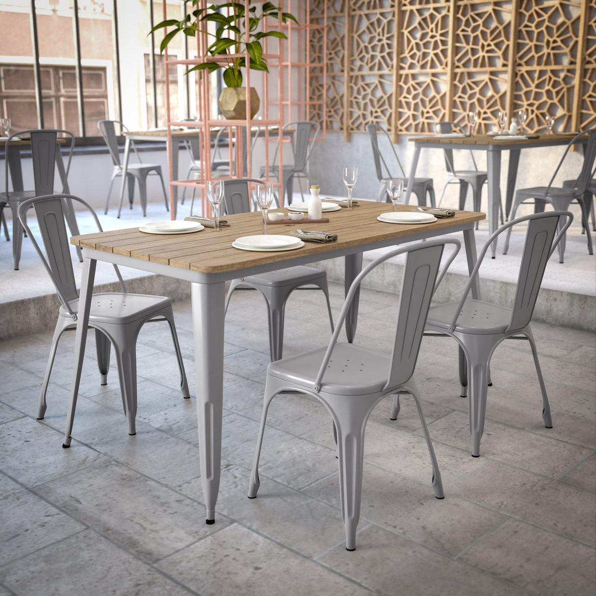 Brown/Silver |#| 30x60 Commercial Poly Resin Restaurant Table with Umbrella Hole - Brown/Silver