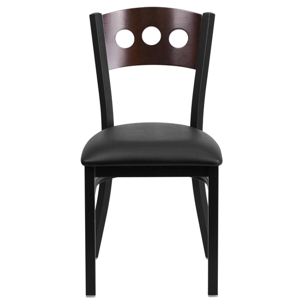 Walnut Wood Back/Black Vinyl Seat/Black Metal Frame |#| Black 3 Circle Back Metal Restaurant Chair - Walnut Wood Back, Black Vinyl Seat