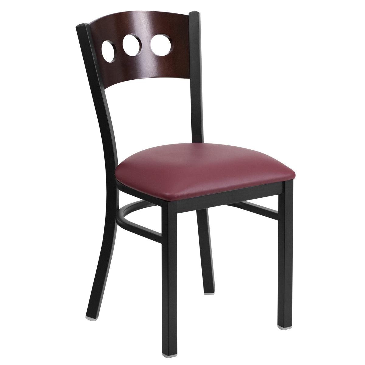 Walnut Wood Back/Burgundy Vinyl Seat/Black Metal Frame |#| Black 3 CIR Back Metal Restaurant Chair - Walnut Wood Back, Burgundy Vinyl Seat