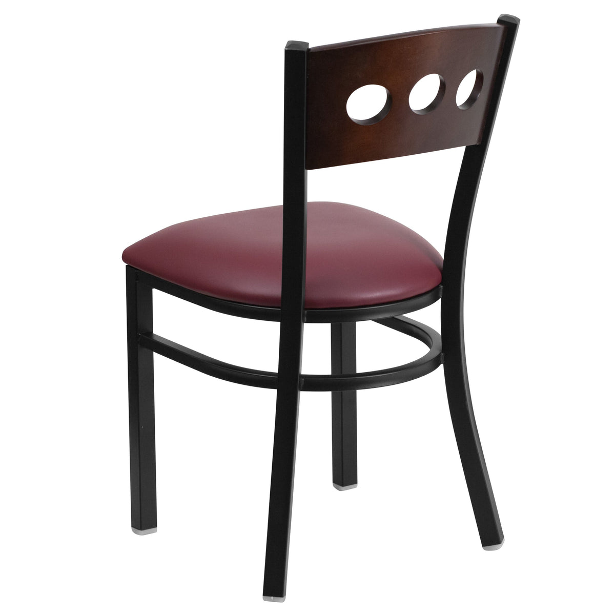 Walnut Wood Back/Burgundy Vinyl Seat/Black Metal Frame |#| Black 3 CIR Back Metal Restaurant Chair - Walnut Wood Back, Burgundy Vinyl Seat