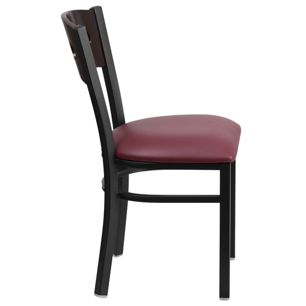 Walnut Wood Back/Burgundy Vinyl Seat/Black Metal Frame |#| Black 3 CIR Back Metal Restaurant Chair - Walnut Wood Back, Burgundy Vinyl Seat