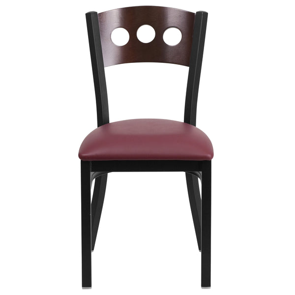 Walnut Wood Back/Burgundy Vinyl Seat/Black Metal Frame |#| Black 3 CIR Back Metal Restaurant Chair - Walnut Wood Back, Burgundy Vinyl Seat