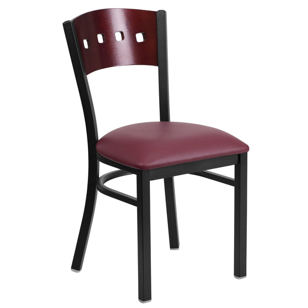Mahogany Wood Back/Burgundy Vinyl Seat/Black Metal Frame |#| Black 4 SQ Back Metal Restaurant Chair - Mahogany Wood Back, Burgundy Vinyl Seat