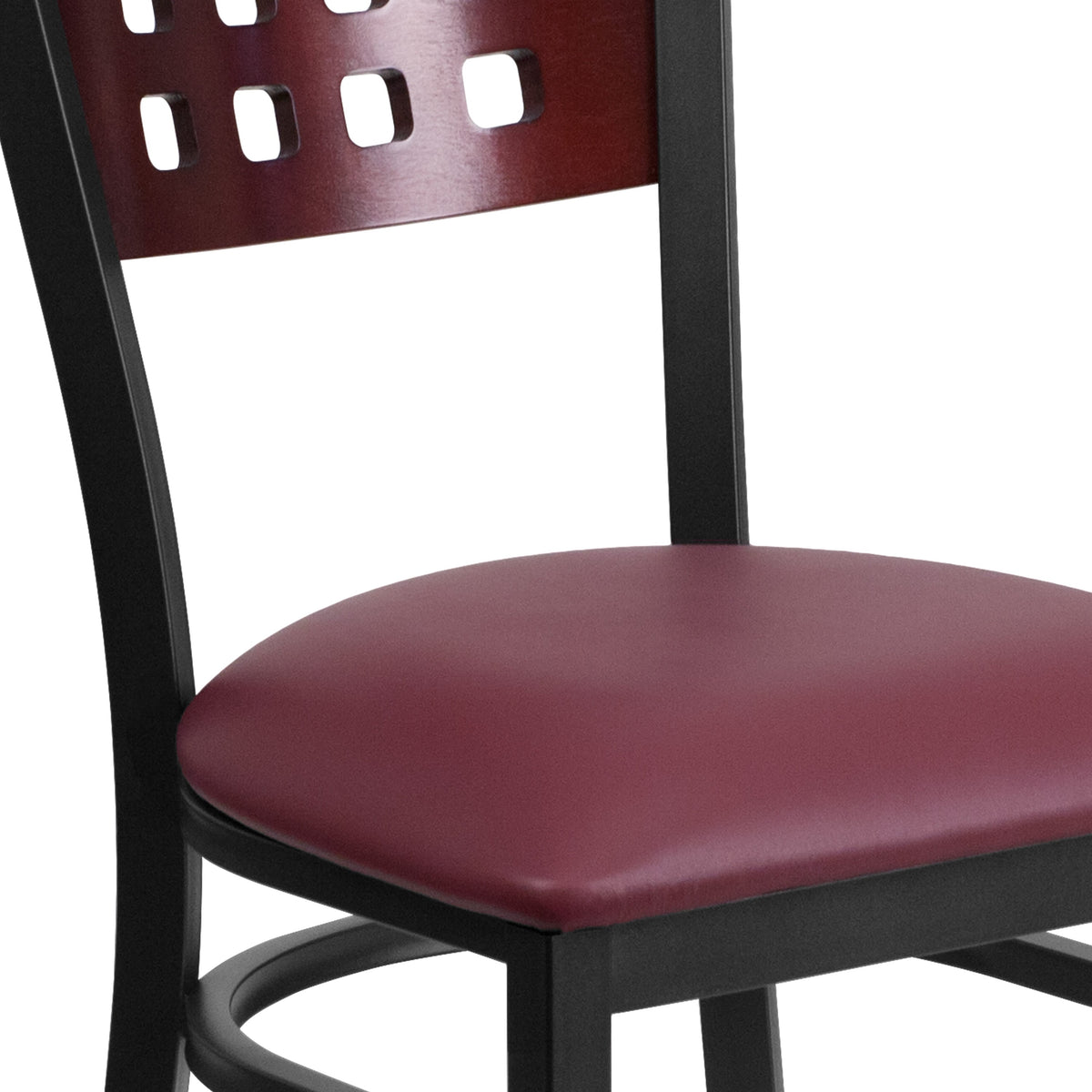 Mahogany Wood Back/Burgundy Vinyl Seat/Black Metal Frame |#| Black Cutout Back Metal Restaurant Chair - Mahogany Wood Back, Burg Vinyl Seat